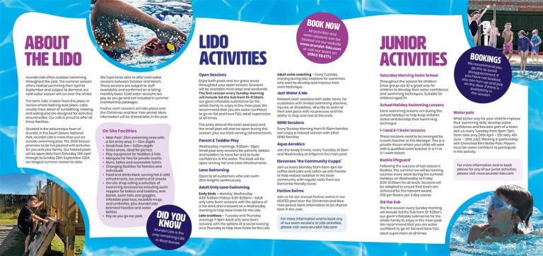 A fun poster detailing information about Arundel Lido, including the various activities that are organised at the site.