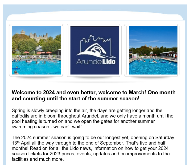 A welcome note with images of Arundel Lido's outdoor swimming pool as well as the Arundel Lido logo.