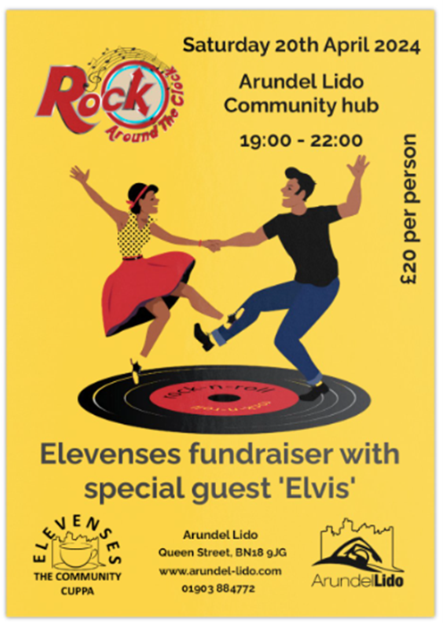 A poster to advertise an Elevenses fundraiser at the Arundel Lido community hub. Entitled 'Rock Around The Clock', the poster is yellow with a cartoon graphic of a man and woman dancing energetically.